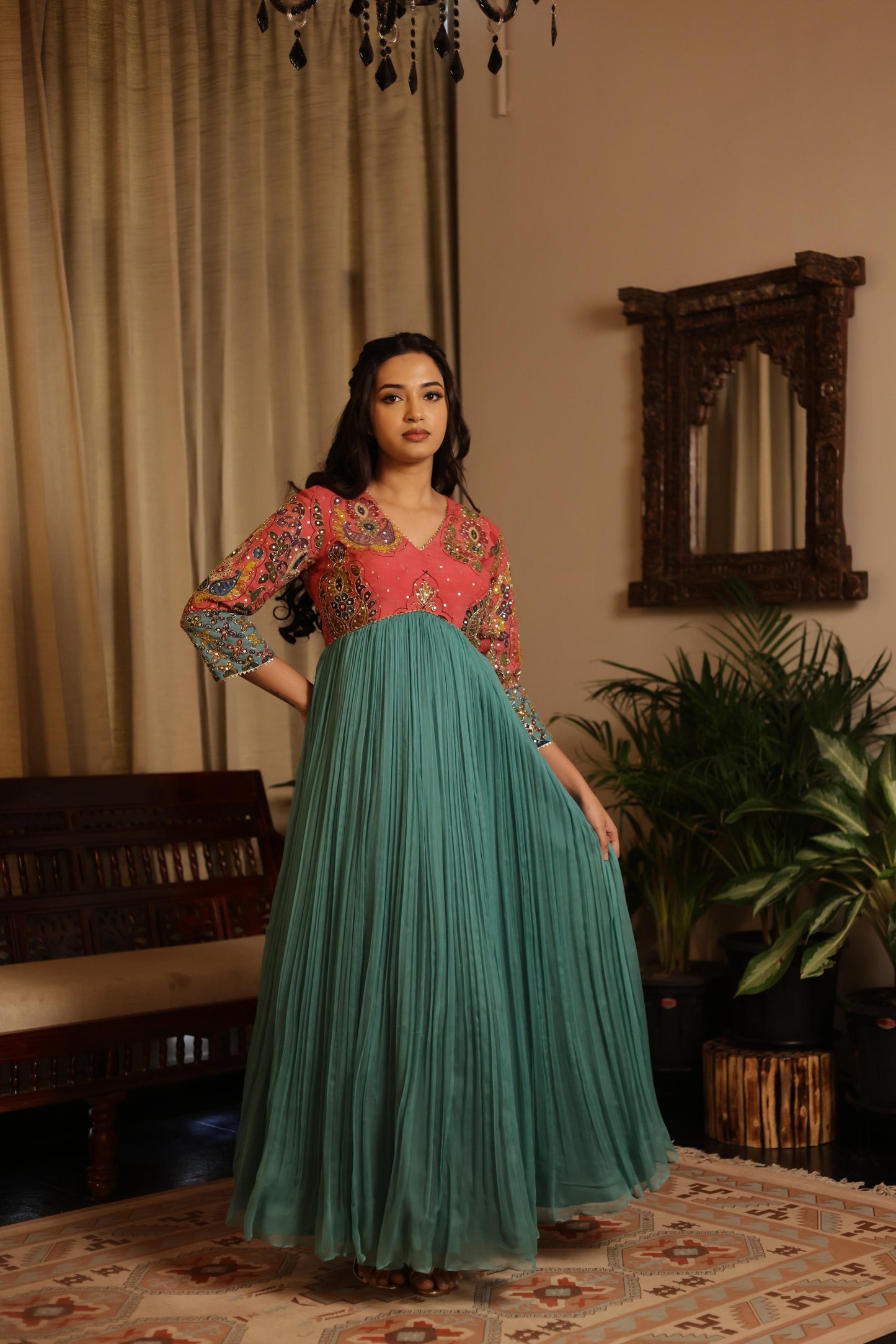 Pink floral/ blue anarkhali