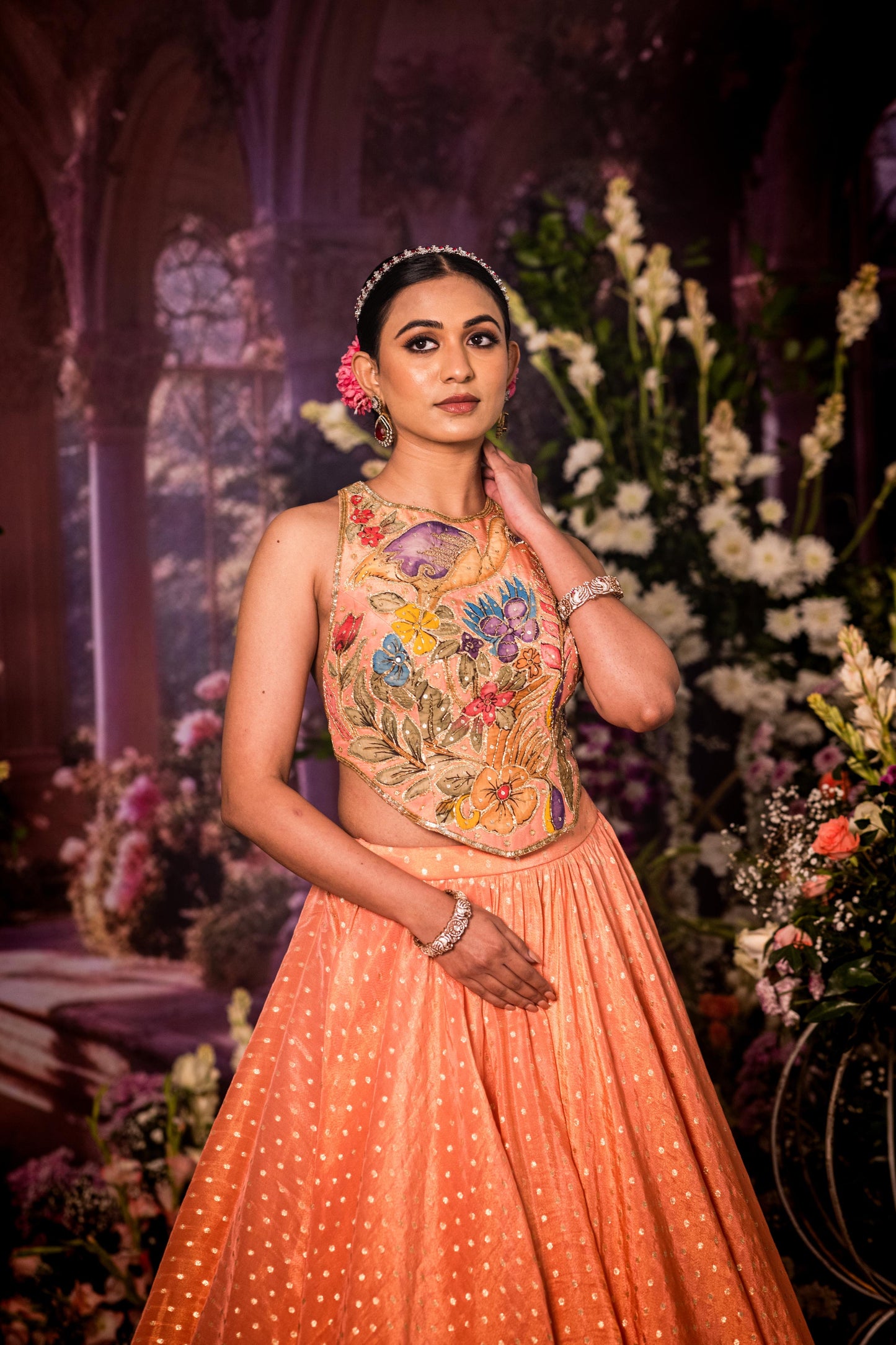 Baby pink tissue long top Lehenga set