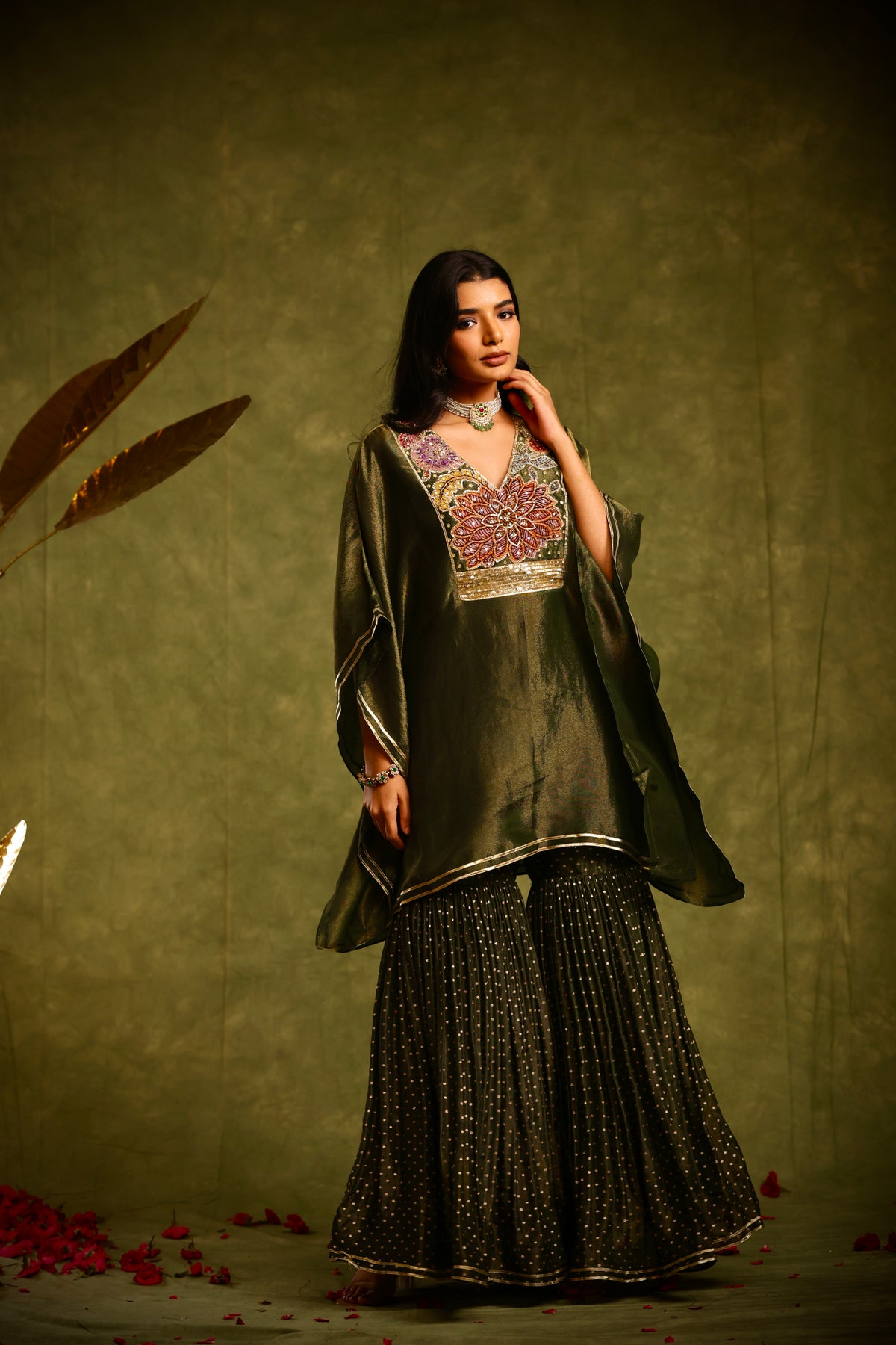 Green tissue sharara kaftan