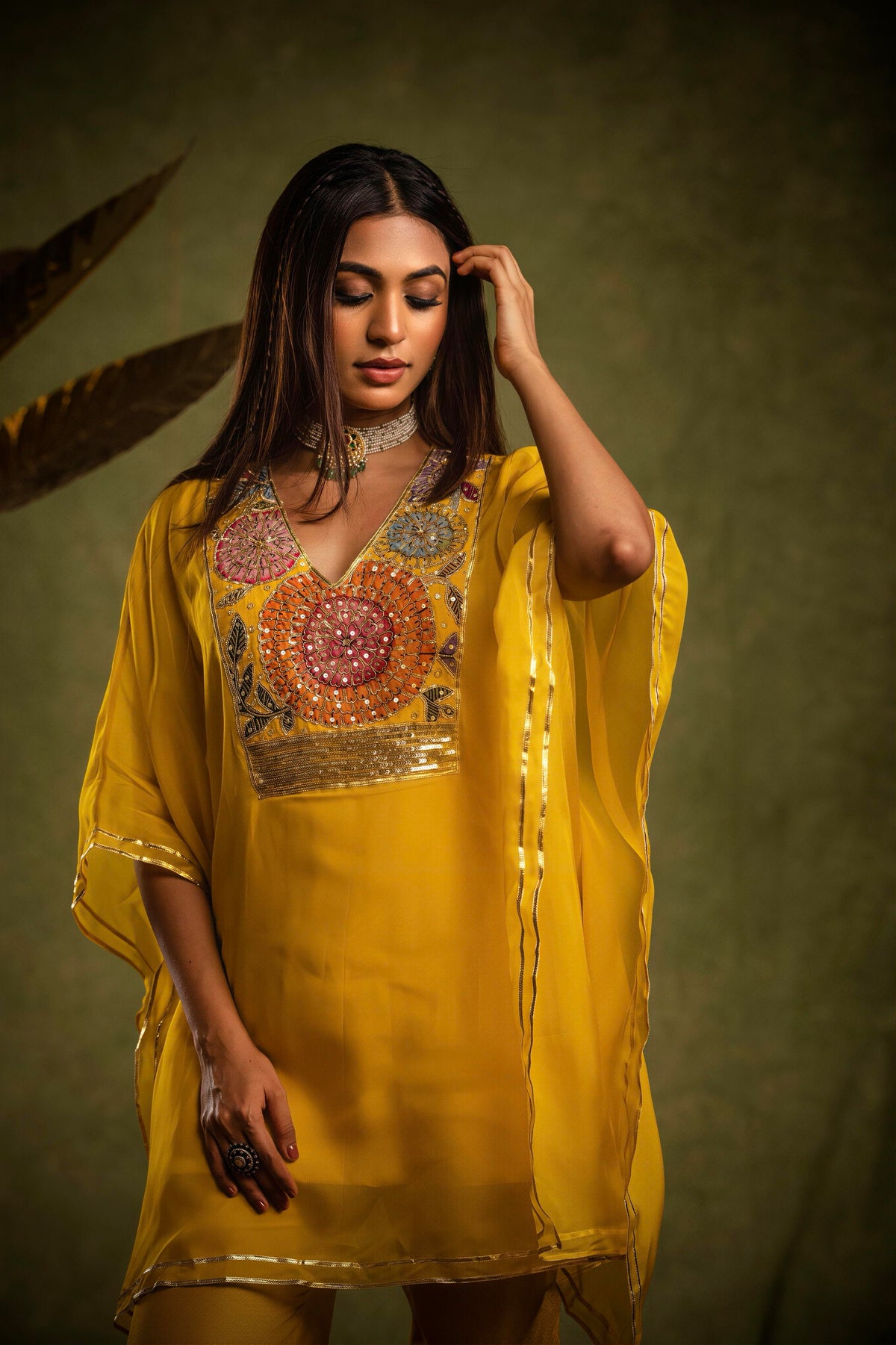 Yellow tissue kaftan set