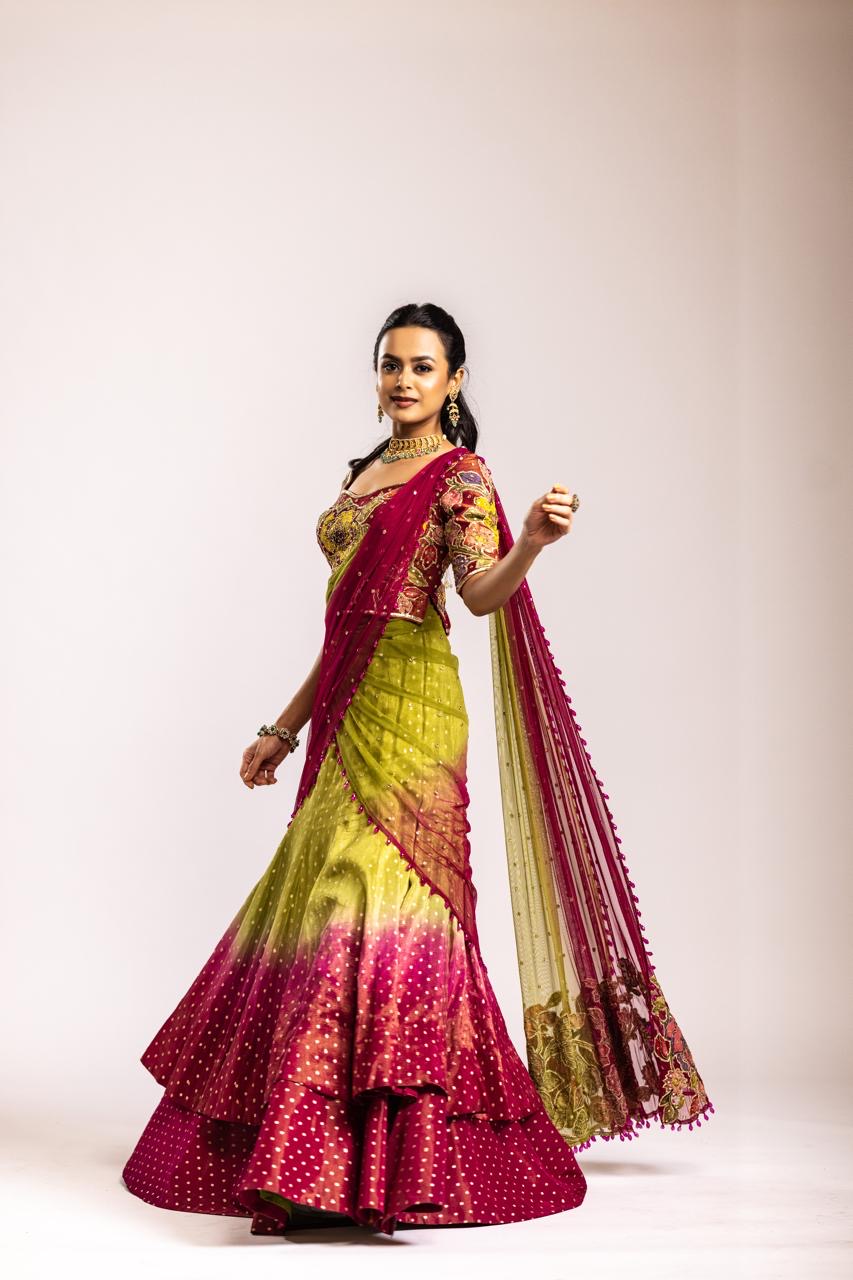 Green n pink fish cut skirt set