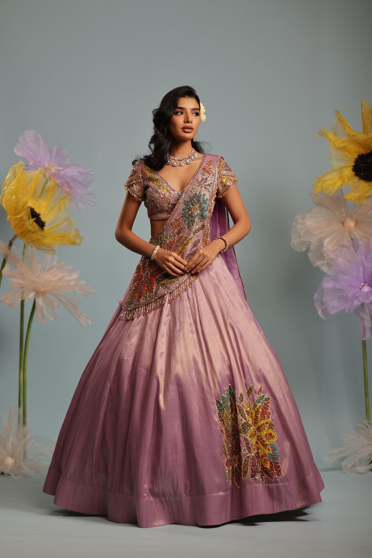Lavender floral drape lehenga set