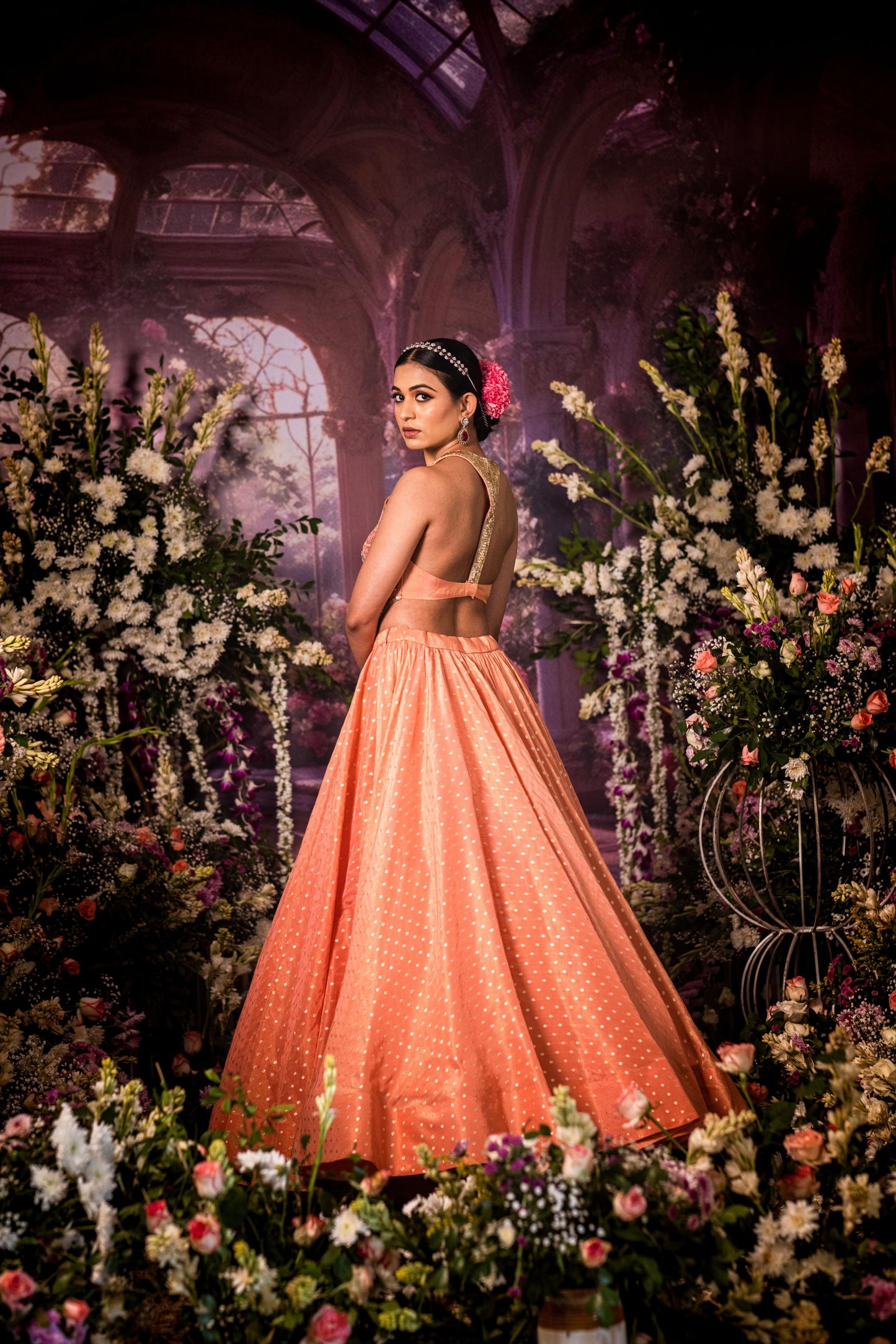 Baby pink tissue long top Lehenga set