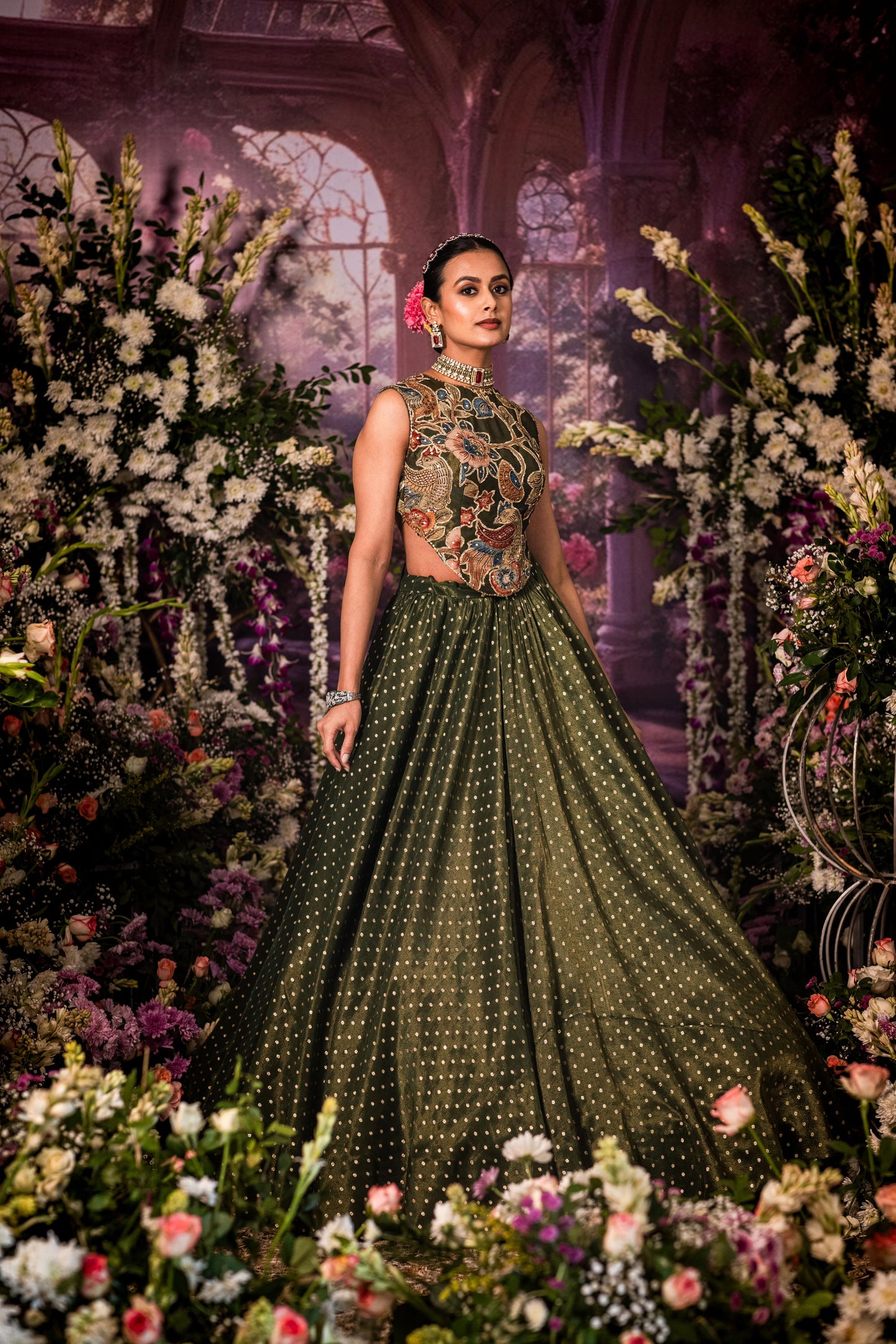 Green Tissue long top Lehenga set
