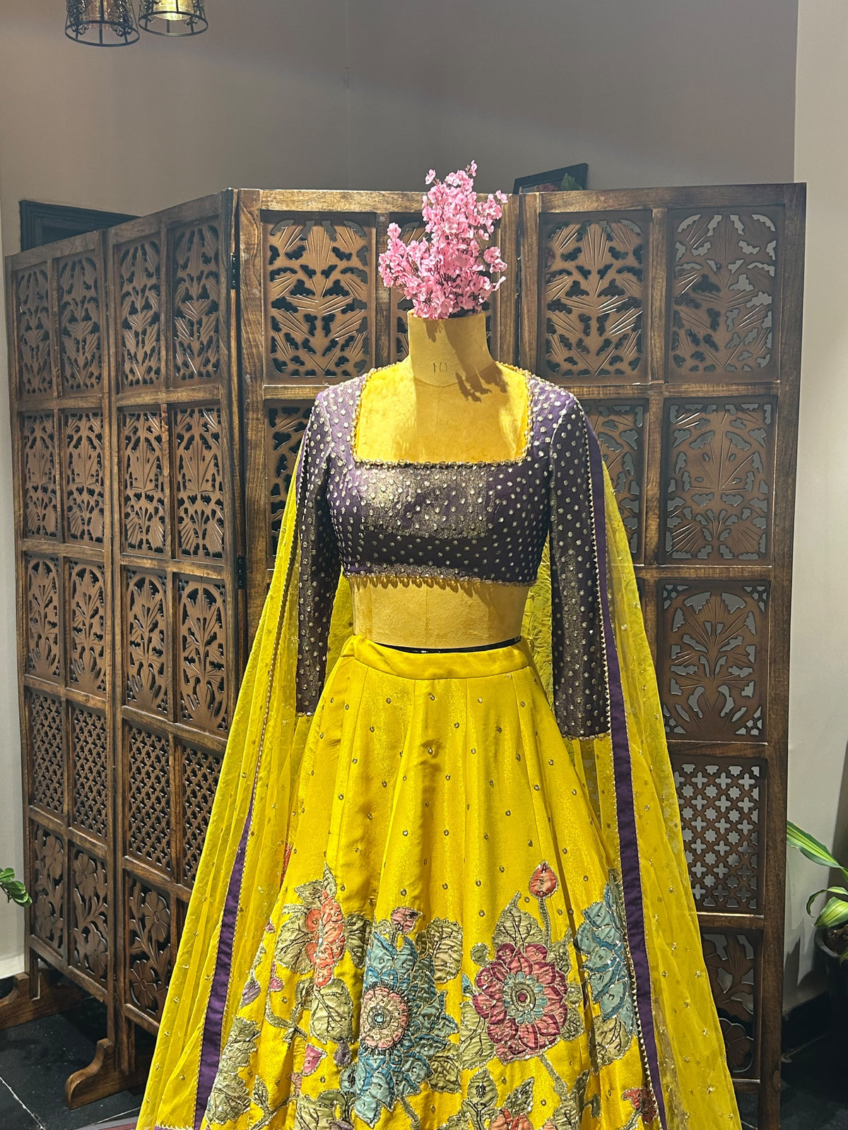 Yellow tissue floral lehenga set