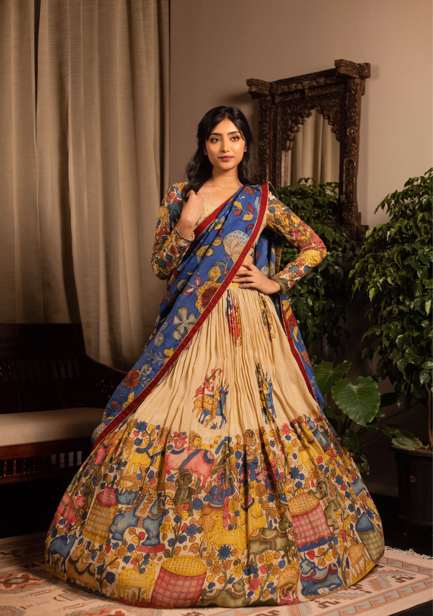 Cream / blue wells lehenga set