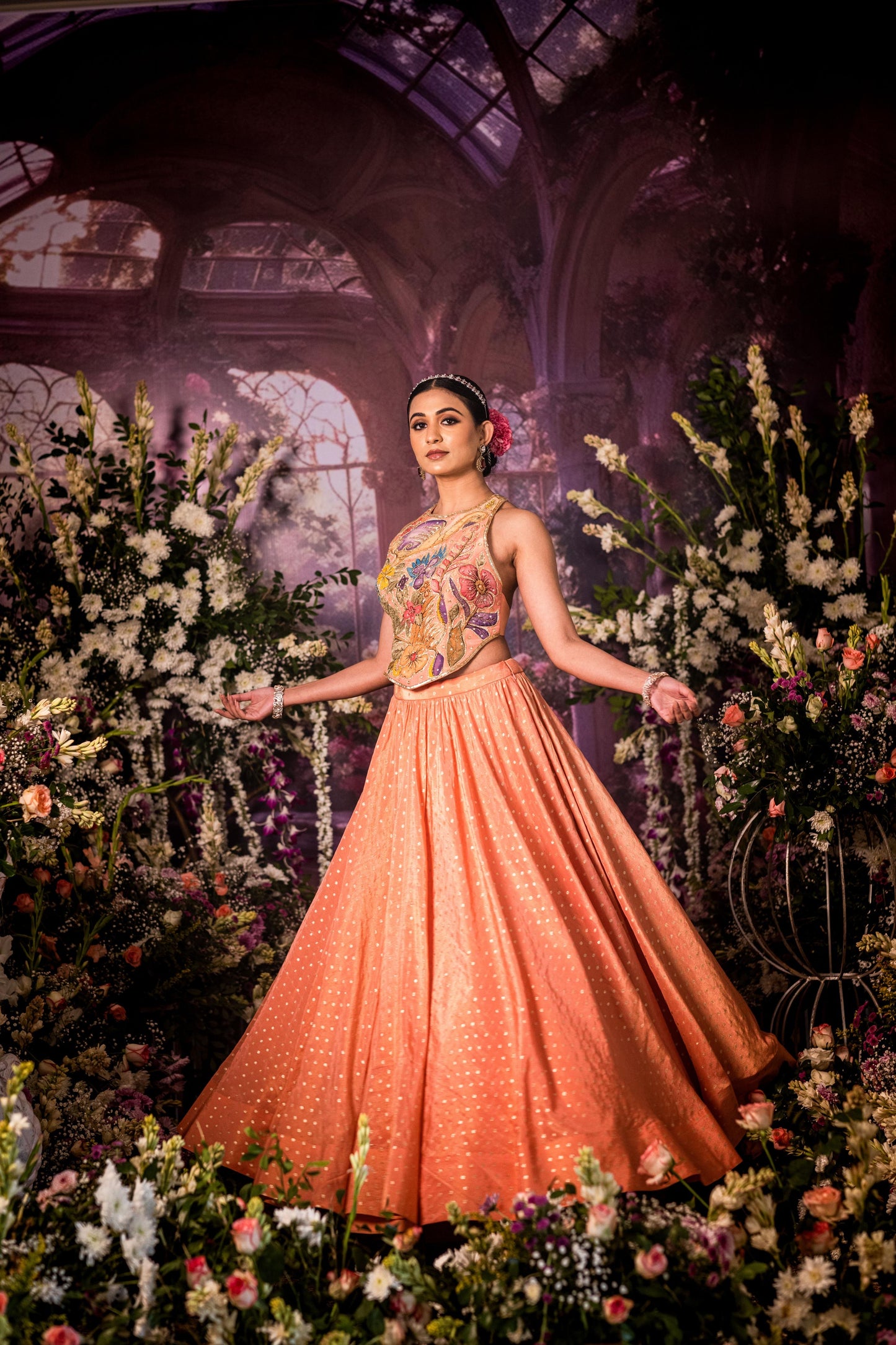 Baby pink tissue long top Lehenga set