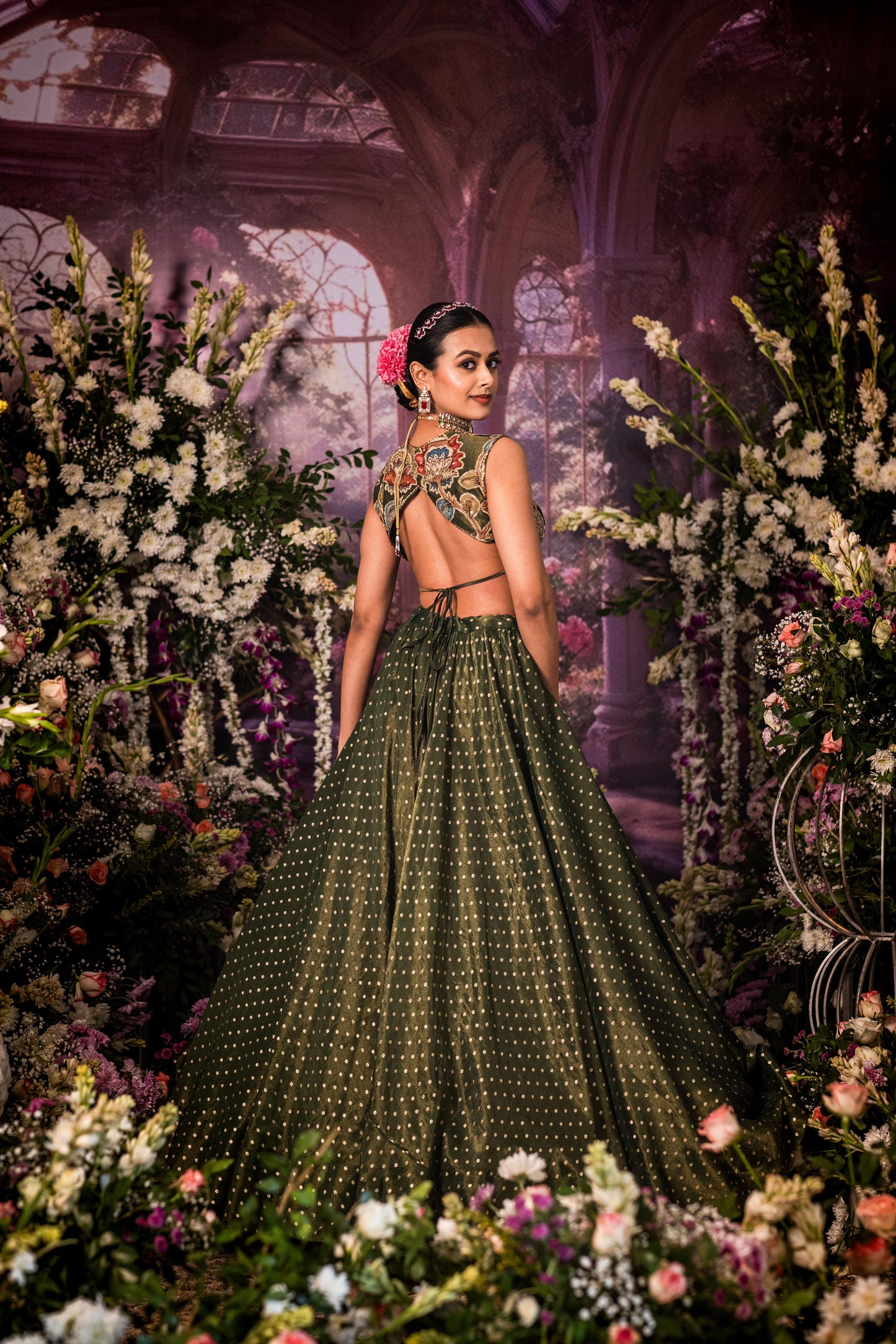 Green Tissue long top Lehenga set
