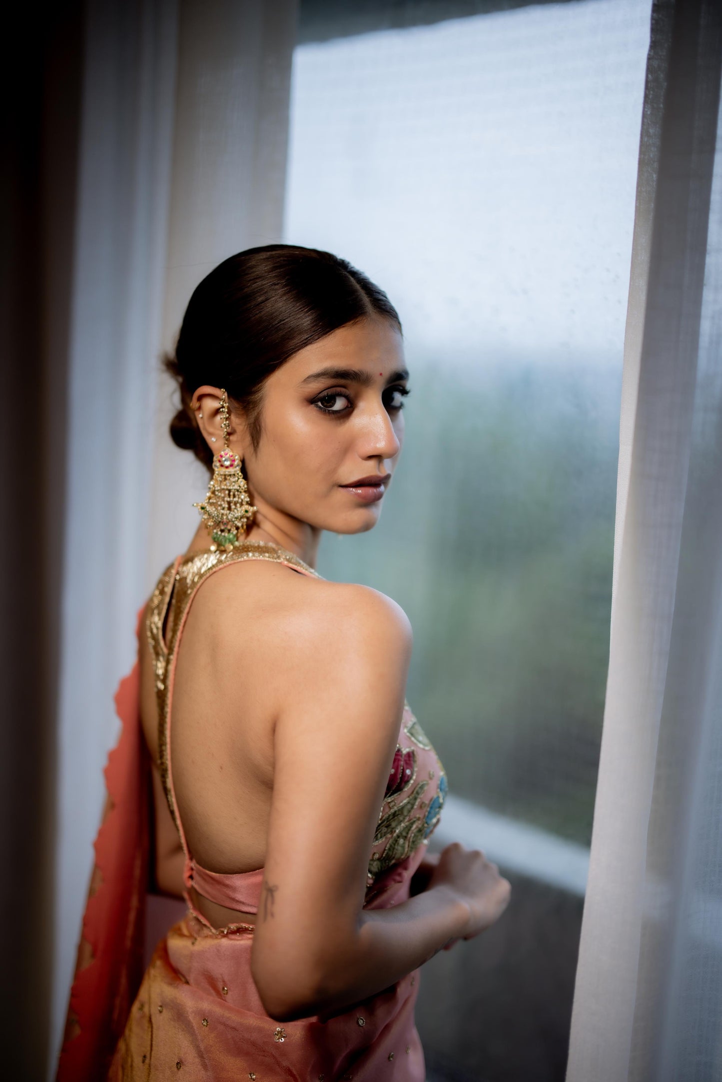 Peach falmingo saree