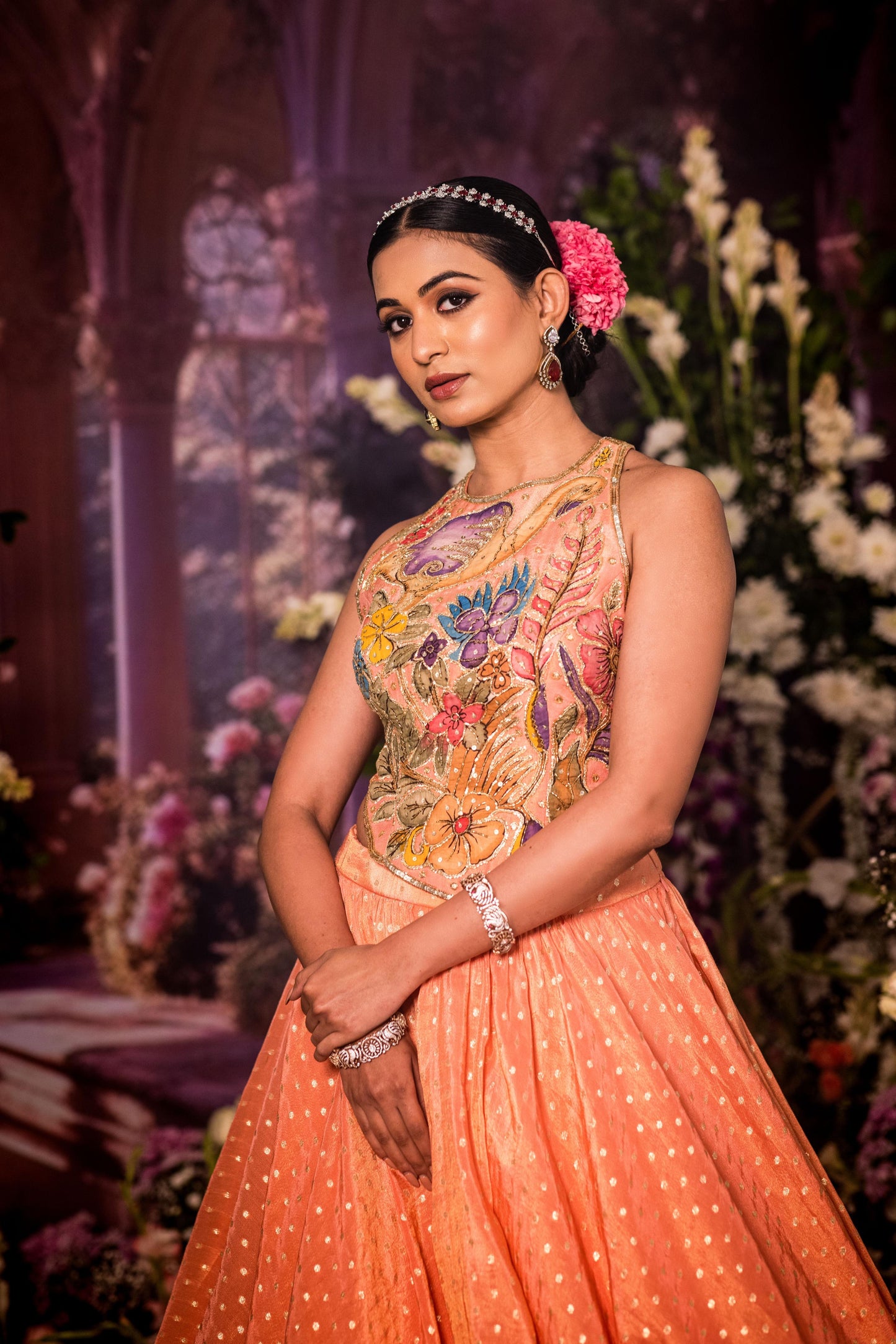 Baby pink tissue long top Lehenga set