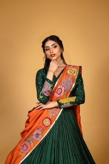 Emerald green / orange lehenga