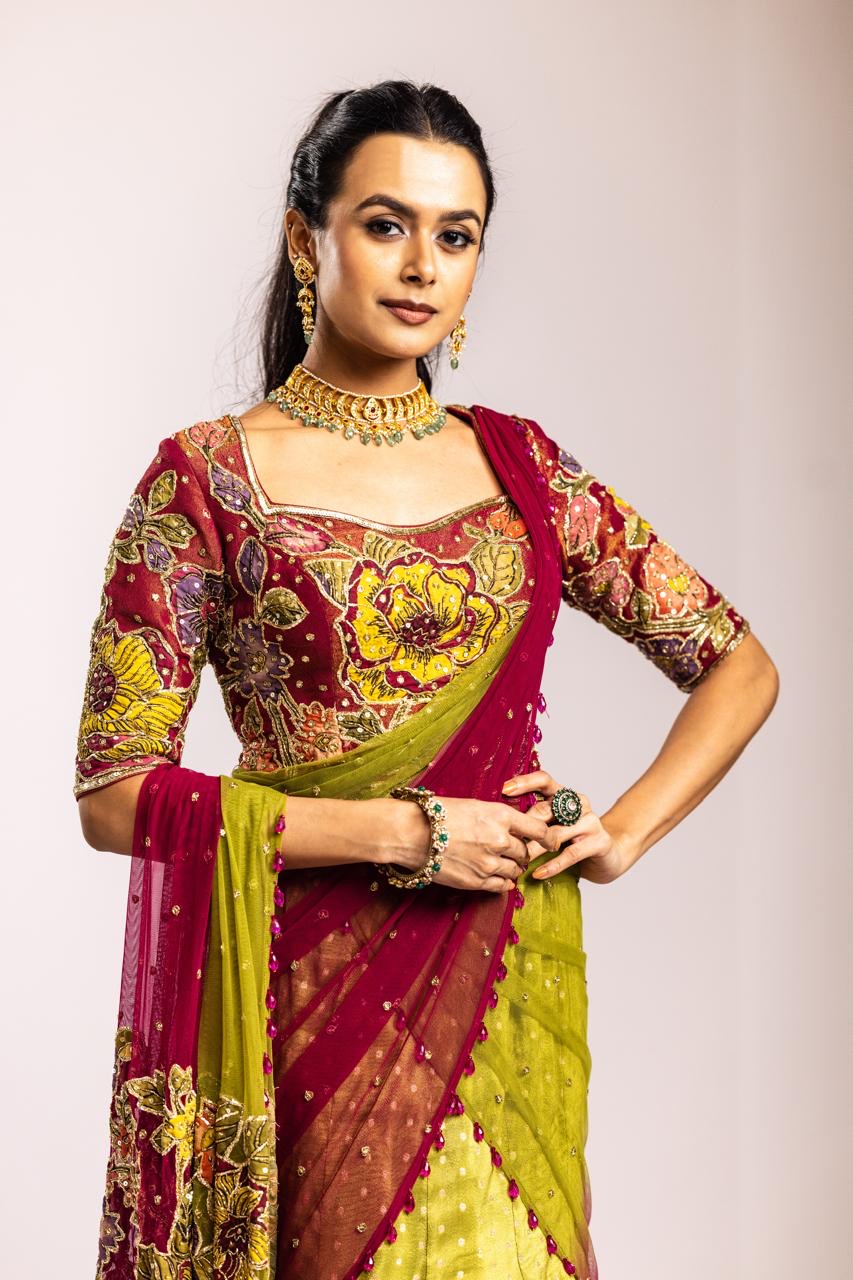 Green n pink fish cut skirt set