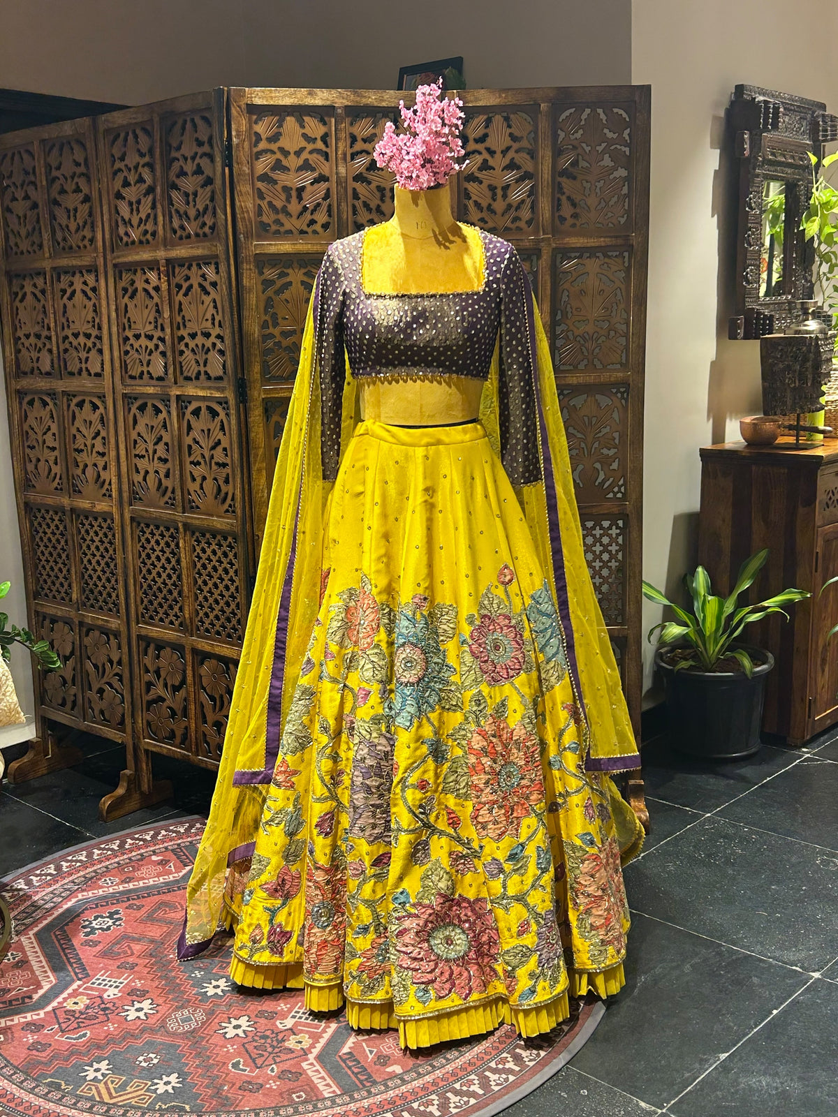 Yellow tissue floral lehenga set