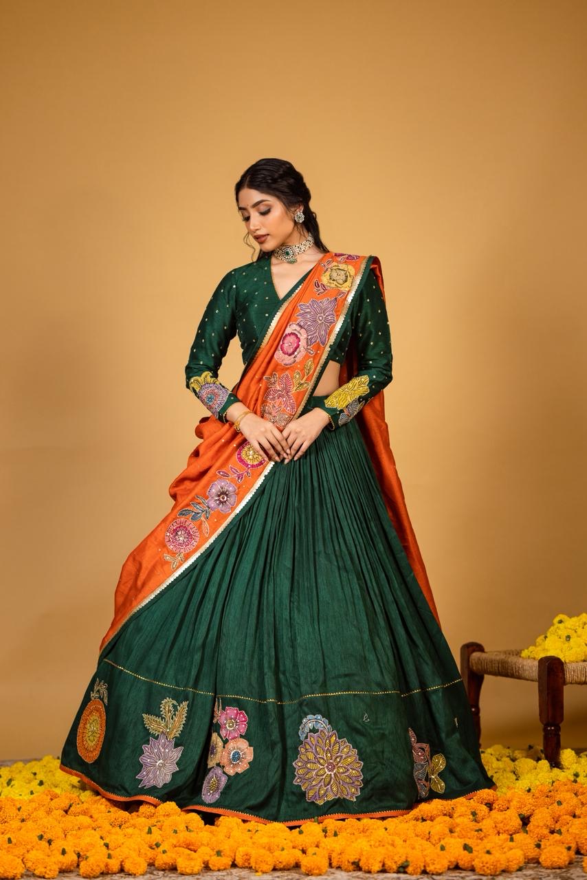Emerald green / orange lehenga