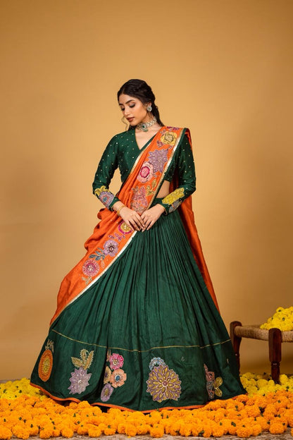 Emerald green / orange lehenga