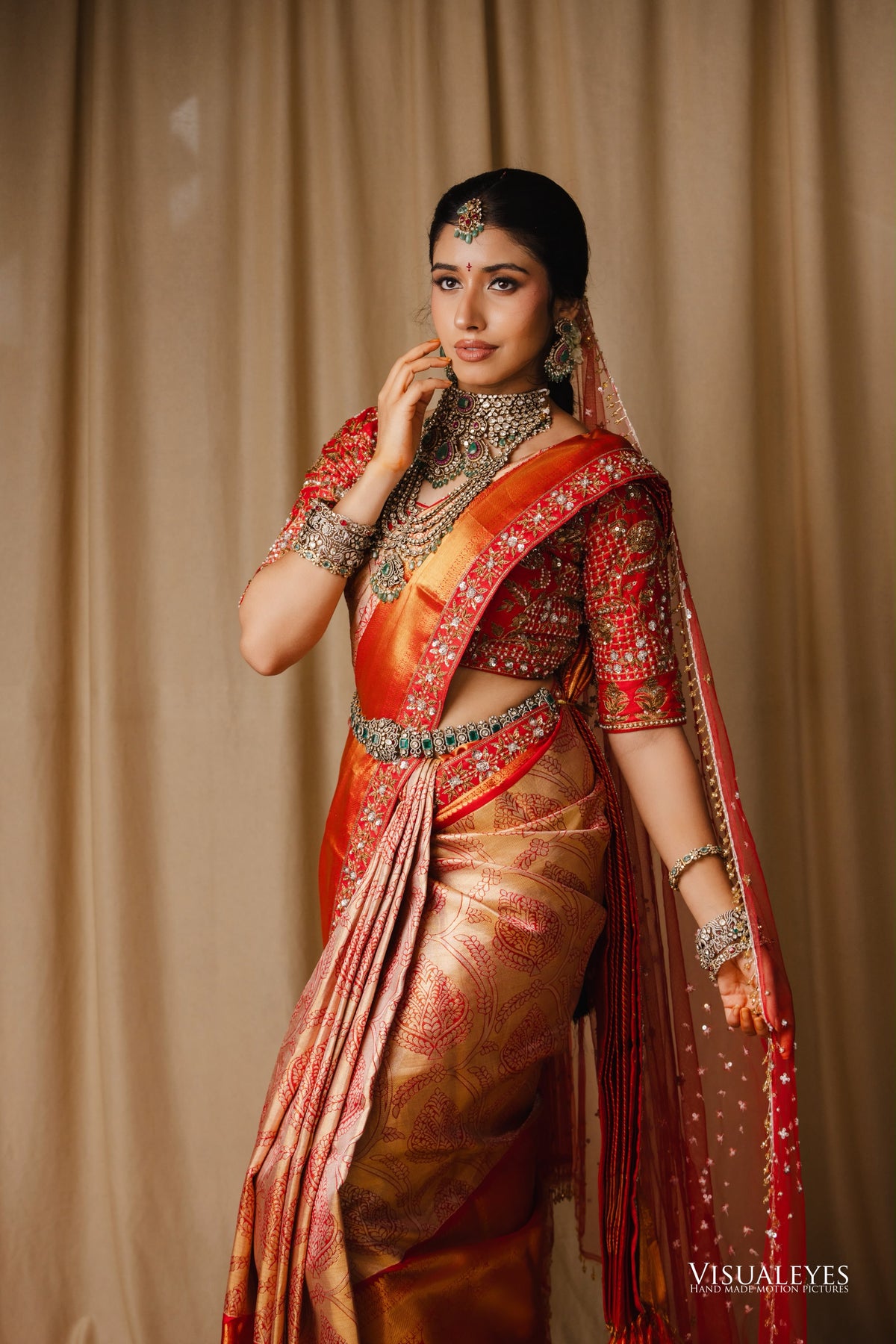 Rose gold & red kanchipattu saree