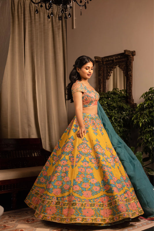 Yellow floral khalis lehenga set