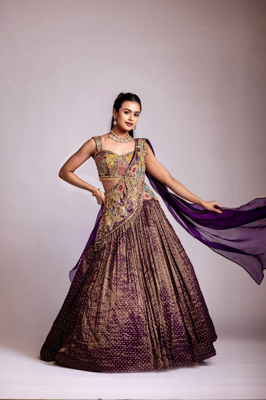 Purple tissue Lehenga drape set