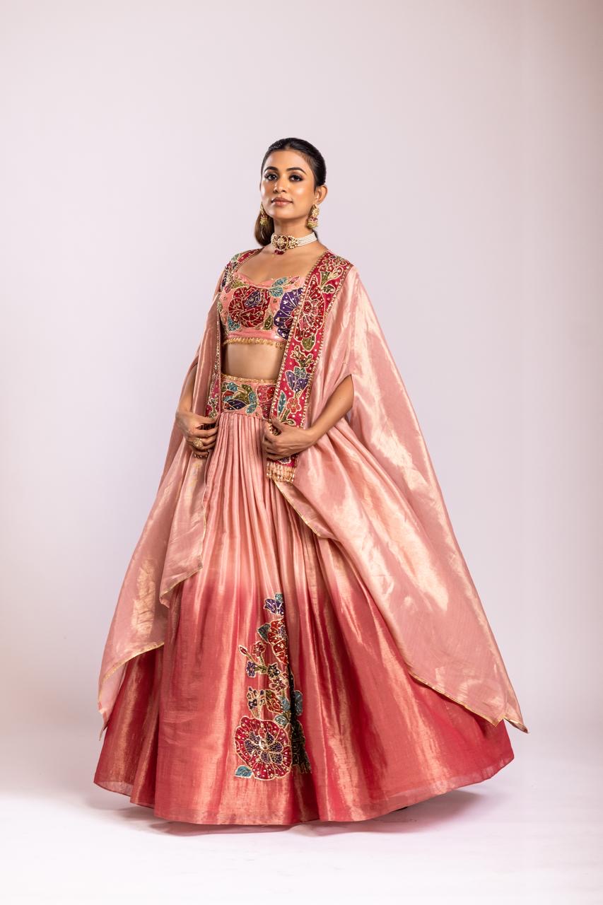 Pink dual tone cape lehenga set
