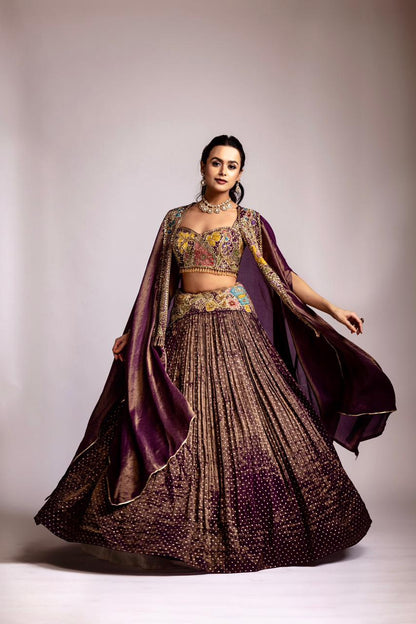 Purple tissue Lehenga cape set