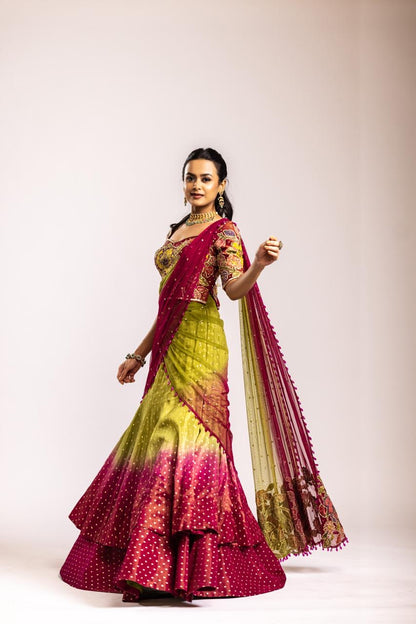 Green n pink fish cut skirt set