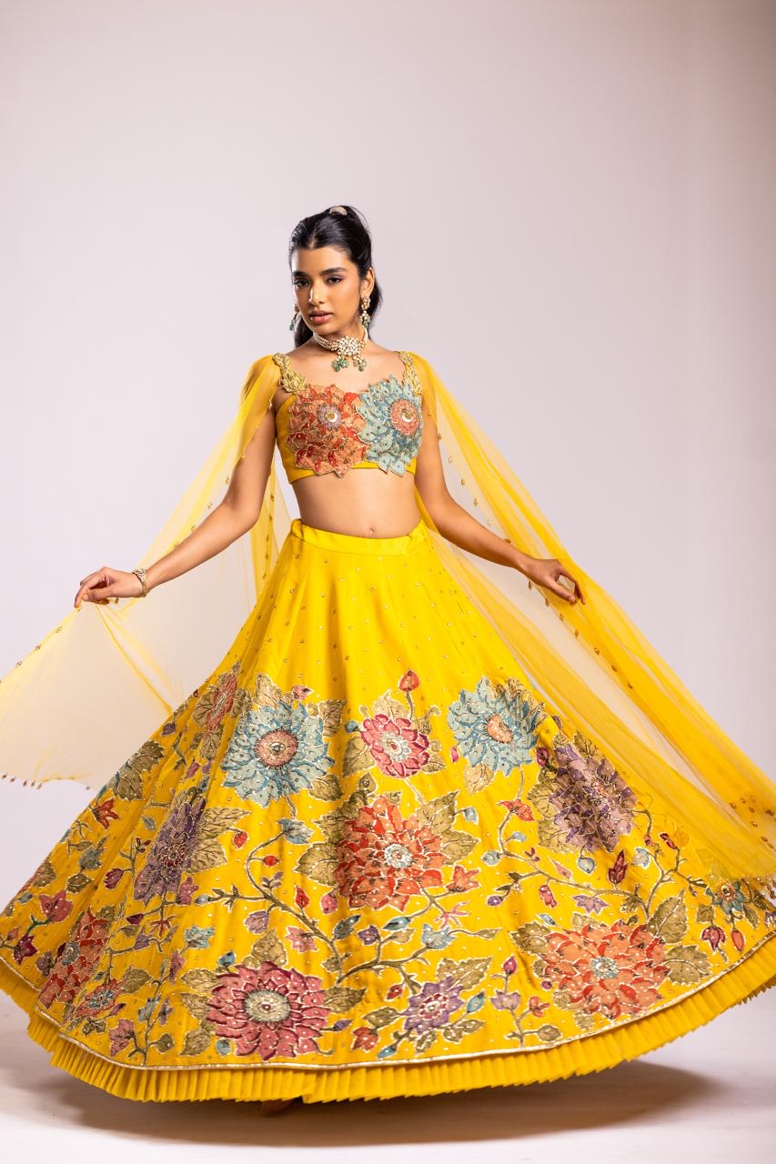 Yellow tissue lehenga set