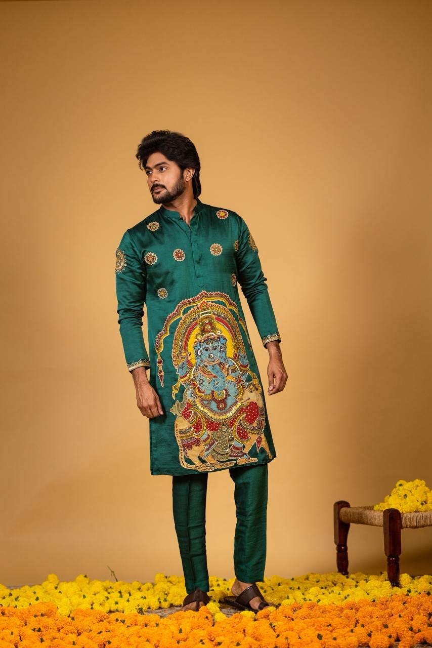 Emerald green ganesh kurta set