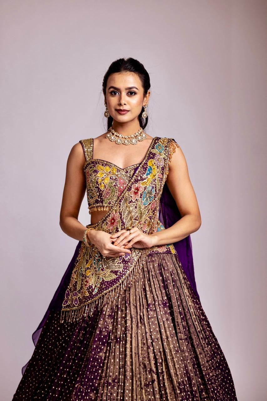 Purple tissue Lehenga drape set