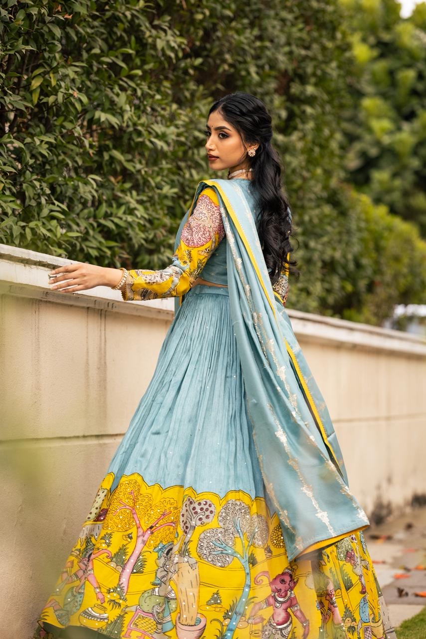 Blue/yellow ganesha lehenga set