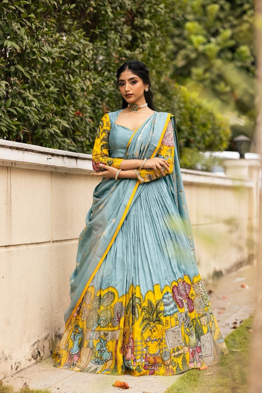 Blue/yellow ganesha lehenga set