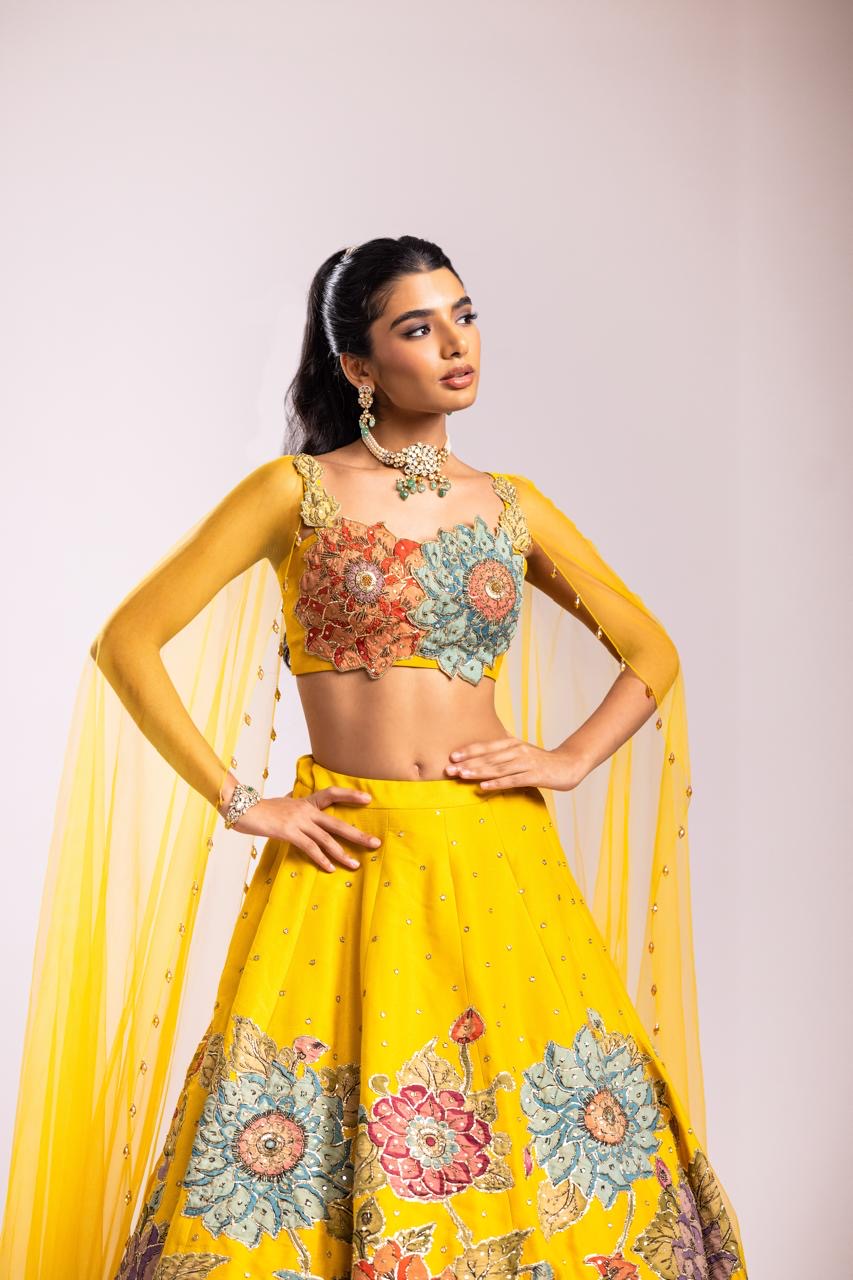 Yellow tissue lehenga set