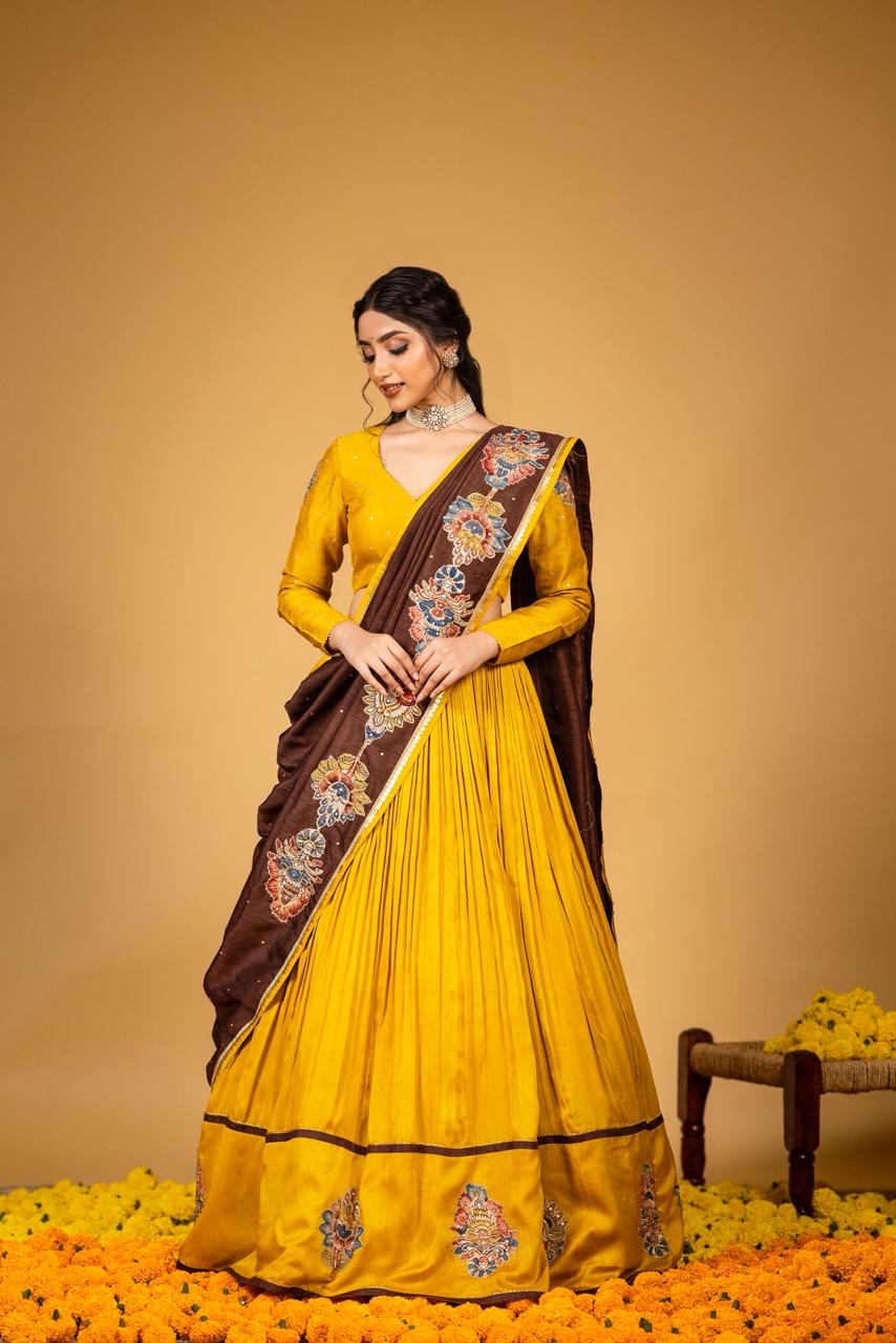 Yellow brown lehenga