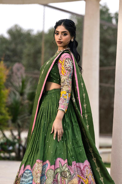 Green and pink ganesha lehenga set