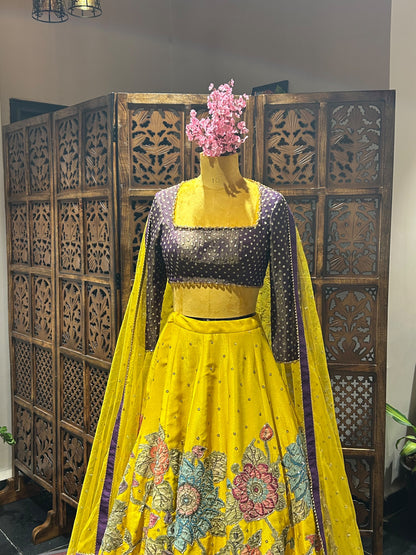 Yellow tissue floral lehenga set