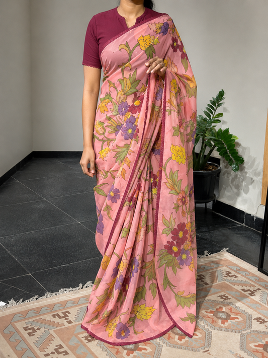 Pink floral saree