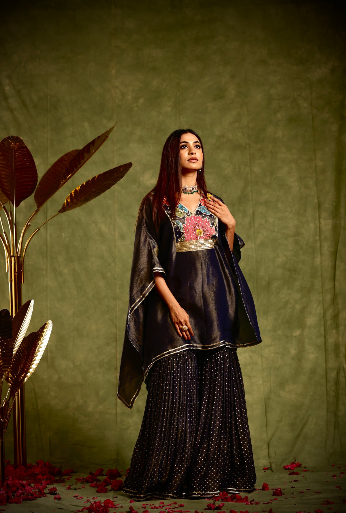 Navy blue tissue sharara kaftan