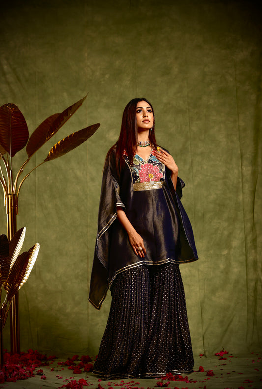 Navy blue tissue sharara kaftan