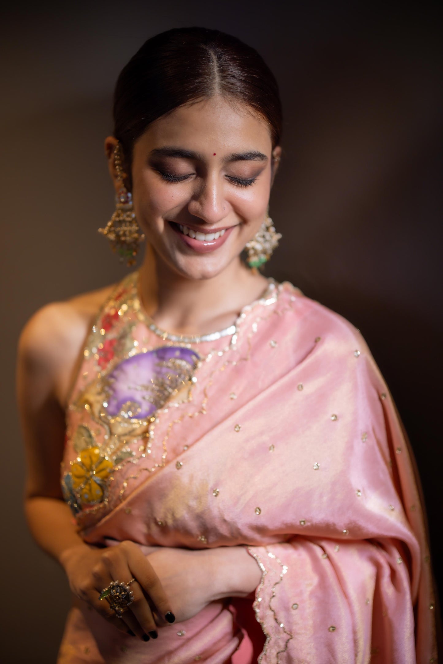 Peach falmingo saree