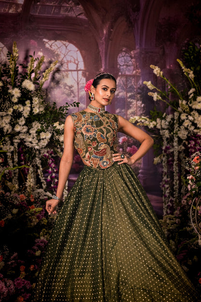 Green Tissue long top Lehenga set
