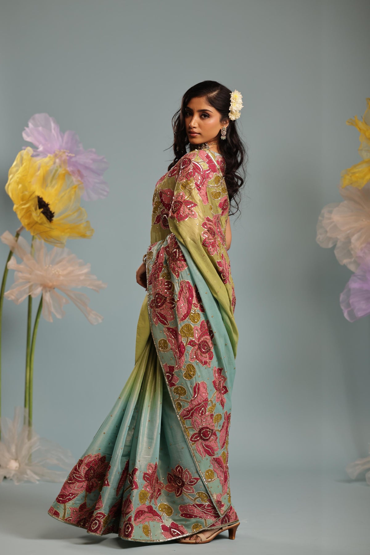 Blue/ green lotus saree
