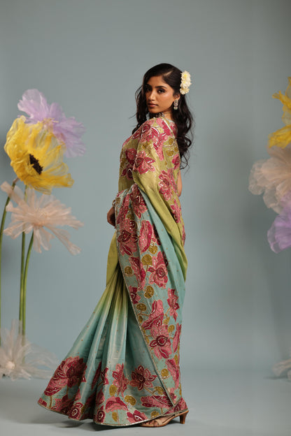 Blue/ green lotus saree