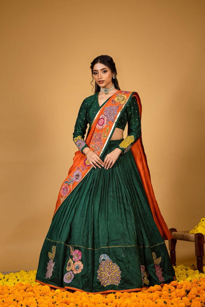 Emerald green / orange lehenga