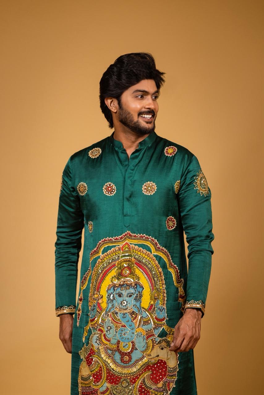 Emerald green ganesh kurta set