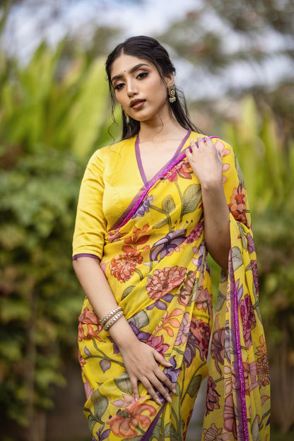 Yellow floral saree