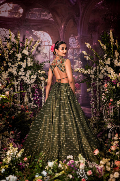 Green Tissue long top Lehenga set