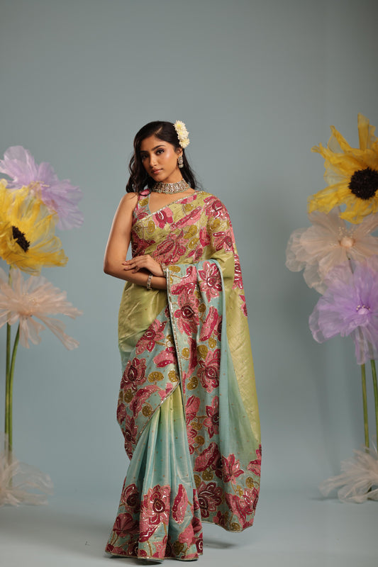Blue/ green lotus saree