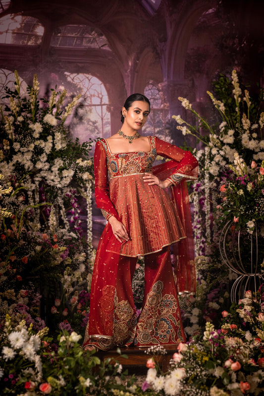 Red tissue sharara set