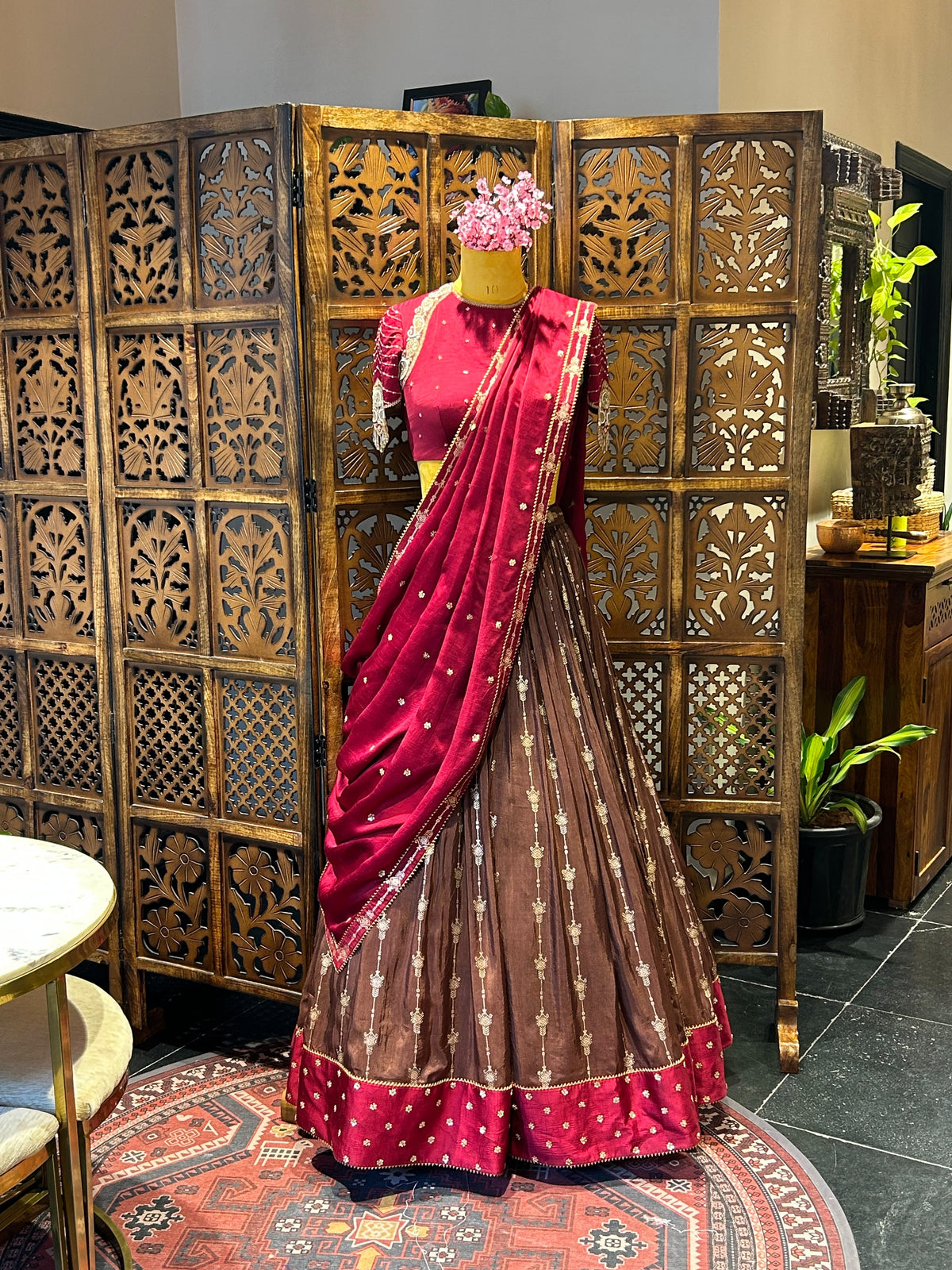 Benarasi brown & red lehenga set