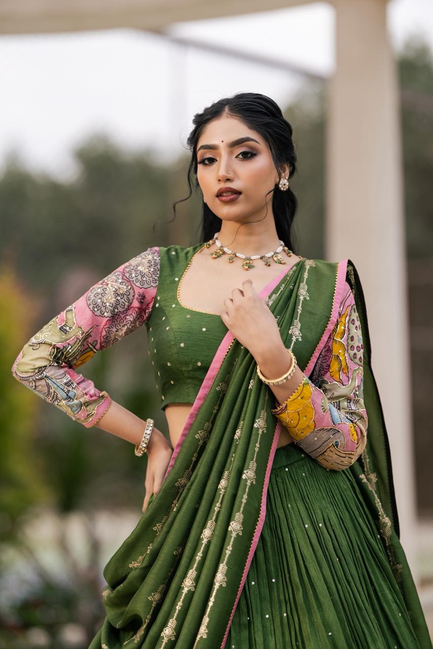 Green and pink ganesha lehenga set