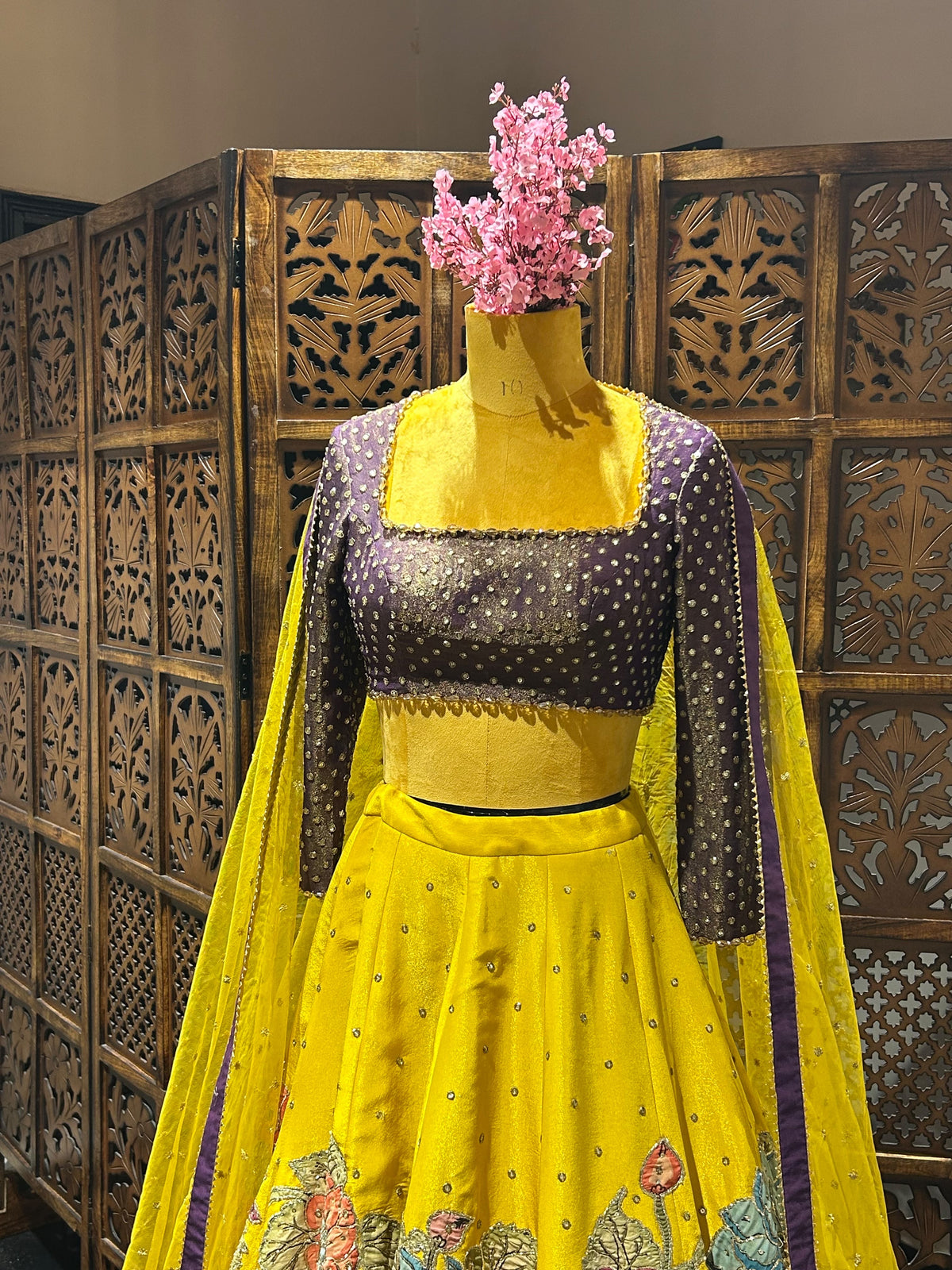 Yellow tissue floral lehenga set